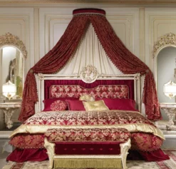 Casa Padrino Luxus Barock Schlafzimmer Set Bordeauxrot / Weiß / Gold - 1 Doppelbett mit Kopfteil & 1 Baldachin & 1 Sitzbank - Barock Schlafzimmer Möbel - Edel & Prunkvoll