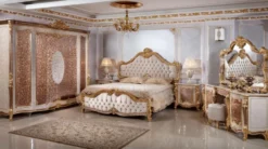Casa Padrino Luxus Barock Schlafzimmer Set Weiß / Braun / Gold / Silber - 1 Barock Schminkkommode & 1 Barock Spiegel & 1 Barock Hocker - Barock Schlafzimmer Möbel - Edel & Prunkvoll