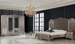 Casa Padrino Luxus Barock Schlafzimmer Set Silber - 1 Doppelbett mit Kopfteil & 2 Nachttische - Schlafzimmer Möbel im Barockstil - Edel & Prunkvoll