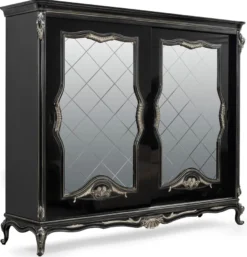 Casa Padrino Luxus Barock Schlafzimmerschrank Schwarz / Silber - Prunkvoller Massivholz Schrank mit 2 verspiegelten Schiebetüren - Barock Kleiderschrank - Barock Schlafzimmer Möbel