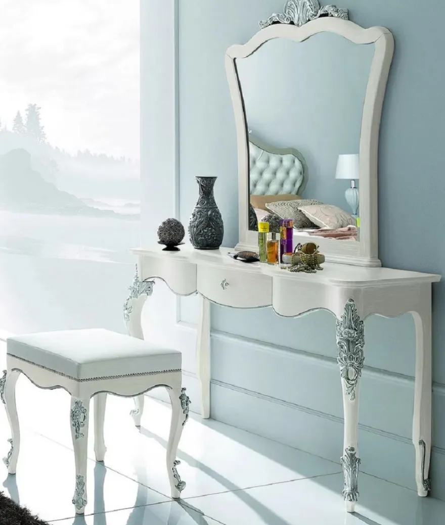 Casa Padrino Luxus Barock Schlafzimmer Set - 1 Barock Schminkkonsole & 1 Barock Wandspiegel & 1 Barock Hocker - Barock Schlafzimmer & Hotel Möbel - Luxus Qualität - Made in Italy
