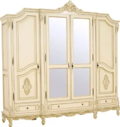 Casa Padrino Luxus Barock Schlafzimmerschrank Creme / Beige - Prunkvoller Massivholz Schrank mit 4 Türen und 3 Schubladen - Barock Kleiderschrank - Barock Schlafzimmer Möbel