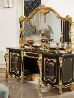 Casa Padrino Luxus Barock Schlafzimmer Set Schwarz / Gold / Hellblau - 1 Barock Schminkkommode & 1 Barock Spiegel & 1 Barock Hocker - Barock Schlafzimmer Möbel - Edel & Prunkvoll