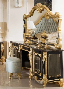 Casa Padrino Luxus Barock Schlafzimmer Set Schwarz / Gold / Hellblau - 1 Barock Schminkkommode & 1 Barock Spiegel & 1 Barock Hocker - Barock Schlafzimmer Möbel - Edel & Prunkvoll