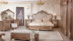 Casa Padrino Luxus Barock Schlafzimmer Set Grau / Kupfer / Silber - 1 Doppelbett mit Kopfteil & 2 Nachtkommoden - Barock Schlafzimmer Möbel - Luxus Möbel im Barockstil - Edel & Prunkvoll