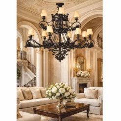 Casa Padrino Luxus Barock Schmiedeeisen Kronleuchter Schwarz / Beige Ø 150 x H. 130 cm