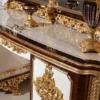 Casa Padrino Luxus Barock Schlafzimmer Set Weiß / Braun / Gold - 1 Barock Schminkkommode mit 5 Schubladen & 1 Barock Spiegel & 1 Barock Hocker - Barock Schlafzimmer Möbel - Edel & Prunkvoll