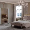 Casa Padrino Luxus Barock Schlafzimmer Set Rosa / Creme / Gold - 1 Barock Doppelbett mit Kopfteil & 2 Barock Nachtkommoden - Luxus Schlafzimmer Möbel im Barockstil - Barock Interior