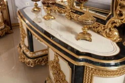 Casa Padrino Luxus Barock Schlafzimmer Set Weiß / Blau / Gold - 1 Barock Schminkkommode mit 5 Schubladen & 1 Barock Spiegel & 1 Barock Hocker - Barock Schlafzimmer Möbel - Edel & Prunkvoll