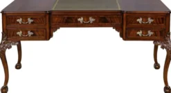 Casa Padrino Luxus Barock Schreibtisch Dunkelbraun / Silber / Grau / Gold - Handgefertigter Mahagoni Schreibtisch mit 5 Schubladen - Barock Büro Möbel