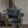 Casa Padrino Luxus Barock Sessel Blau / Gold 97 x 90 x H. 115 cm - Wohnzimmer Sessel mit elegantem Muster und dekorativem Kissen - Barock Wohnzimmer Möbel