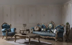 Casa Padrino Luxus Barock Sessel Blau / Gold 97 x 90 x H. 115 cm - Wohnzimmer Sessel mit elegantem Muster und dekorativem Kissen - Barock Wohnzimmer Möbel