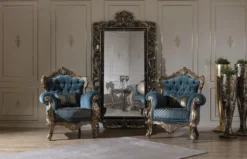 Casa Padrino Luxus Barock Sessel Blau / Gold 97 x 90 x H. 115 cm - Wohnzimmer Sessel mit elegantem Muster und dekorativem Kissen - Barock Wohnzimmer Möbel