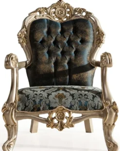 Casa Padrino Luxus Barock Sessel Dunkelblau / Türkis / Silber / Gold - Prunkvoller Wohnzimmer Sessel mit elegantem Muster - Barock Wohnzimmer Möbel