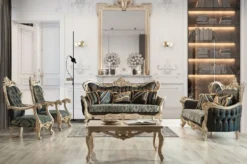Casa Padrino Luxus Barock Sessel Dunkelblau / Türkis / Silber / Gold - Prunkvoller Wohnzimmer Sessel mit elegantem Muster - Barock Wohnzimmer Möbel