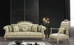 Casa Padrino Luxus Barock Sessel Grün / Gold / Grau / Gold 76 x 87 x H. 117 cm - Prunkvoller Barockstil Wohnzimmer Sessel mit elegantem Muster - Barock Möbel