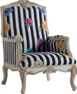 Casa Padrino Luxus Barock Sessel Schwarz / Weiß / Mehrfarbig / Antik Cremefarben 72 x 71 x H. 114 cm - Gestreifter Barockstil Sessel mit Blumenmuster - Barock Wohnzimmer Möbel
