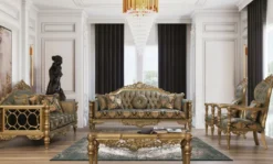 Casa Padrino Luxus Barock Sessel Grün / Gold - Prunkvoller Wohnzimmer Sessel mit elegantem Muster und dekorativem Kissen - Barock Wohnzimmer Möbel