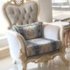 Casa Padrino Luxus Barock Sessel Grau / Blau / Weiß / Gold 93 x 73 x H. 120 cm - Prunkvoller Massivholz Wohnzimmer Sessel mit elegantem Muster und dekorativem Kissen - Barock Wohnzimmer Möbel