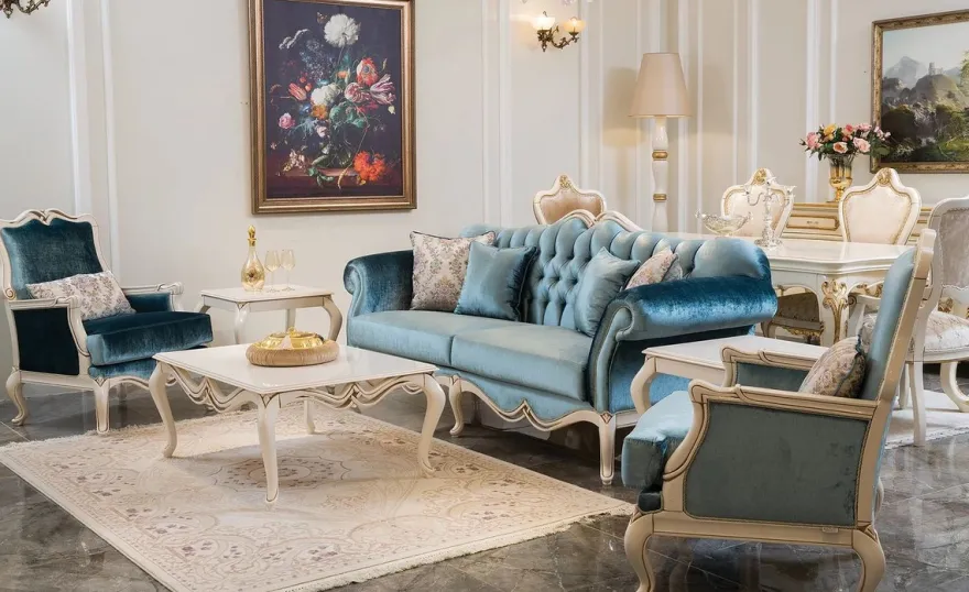Casa Padrino Luxus Barock Sessel Blau / Weiß 76 x 67 x H. 103 cm - Wohnzimmer Sessel mit dekorativem Kissen - Wohnzimmer Möbel im Barockstil