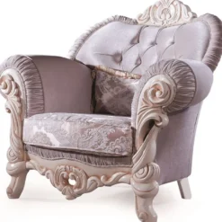 Casa Padrino Luxus Barock Sessel mit dekorativem Kissen Flieder / Creme / Beige 100 x 80 x H. 110 cm - Massivholz Wohnzimmer Sessel mit edlem Samtstoff und Glitzersteinen