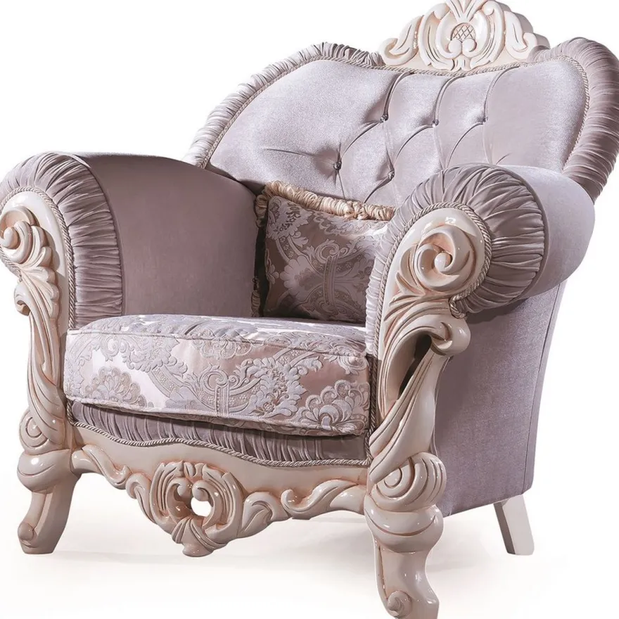 Casa Padrino Luxus Barock Sessel mit dekorativem Kissen Flieder / Creme / Beige 100 x 80 x H. 110 cm - Massivholz Wohnzimmer Sessel mit edlem Samtstoff und Glitzersteinen