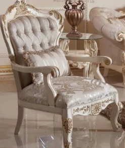 Casa Padrino Luxus Barock Sessel Grau / Silber / Weiß / Gold - Prunkvoller Wohnzimmer Sessel mit elegantem Muster - Barock Wohnzimmer Möbel