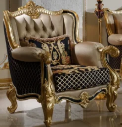 Casa Padrino Luxus Barock Sessel Gold / Schwarz / Mehrfarbig / Gold - Prunkvoller Wohnzimmer Sessel mit elegantem Muster - Barock Wohnzimmer Möbel
