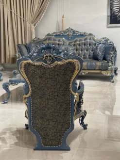 Casa Padrino Luxus Barock Sessel Blau / Gold - Prunkvoller Wohnzimmer Sessel mit elegantem Muster - Barockstil Wohnzimmer Möbel - Luxus Möbel im Barockstil - Barock Möbel