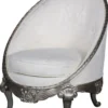 Casa Padrino Luxus Barock Sessel Weiß / Silber 80 x 87 x H. 100 cm - Edler Wohnzimmer Sessel in Eiform - Barock Wohnzimmer Möbel