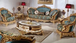 Casa Padrino Luxus Barock Sessel Blau / Beige / Braun / Gold - Prunkvoller Wohnzimmer Sessel mit elegantem Muster - Barock Wohnzimmer Möbel - Edel & Prunkvoll