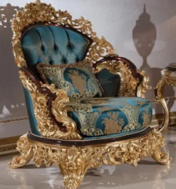 Casa Padrino Luxus Barock Sessel Blau / Beige / Braun / Gold - Prunkvoller Wohnzimmer Sessel mit elegantem Muster - Barock Wohnzimmer Möbel - Edel & Prunkvoll
