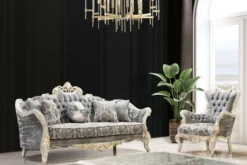 Casa Padrino Luxus Barock Sessel Grau / Antik Weiß / Gold - Prunkvoller Wohnzimmer Sessel mit elegantem Muster - Luxus Wohnzimmer Möbel im Barockstil - Barock Möbel - Barock Einrichtung