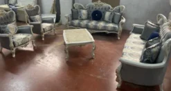 Casa Padrino Luxus Barock Sessel Grau / Mehrfarbig / Weiß / Gold - Handgefertigter Wohnzimmer Sessel mit elegantem Muster - Barock Wohnzimmer Möbel - Edel & Prunkvoll