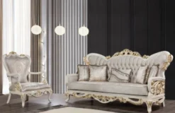 Casa Padrino Luxus Barock Sessel Beige / Braun / Naturfarben - Prunkvoller Wohnzimmer Sessel mit elegantem Muster - Barock Wohnzimmer Möbel
