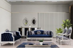 Casa Padrino Luxus Barock Sessel Blau / Silber / Gold 75 x 80 x H. 120 cm - Prunkvoller Wohnzimmer Sessel mit Streifen - Barock Wohnzimmer Möbel