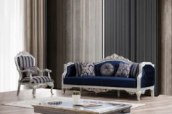 Casa Padrino Luxus Barock Sessel Blau / Silber / Gold 75 x 80 x H. 120 cm - Prunkvoller Wohnzimmer Sessel mit Streifen - Barock Wohnzimmer Möbel