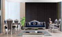Casa Padrino Luxus Barock Sessel Blau / Silber / Gold 75 x 80 x H. 120 cm - Prunkvoller Wohnzimmer Sessel mit Streifen - Barock Wohnzimmer Möbel