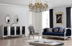 Casa Padrino Luxus Barock Sessel Blau / Silber / Gold 75 x 80 x H. 120 cm - Prunkvoller Wohnzimmer Sessel mit Streifen - Barock Wohnzimmer Möbel