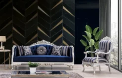 Casa Padrino Luxus Barock Sessel Blau / Silber / Gold 75 x 80 x H. 120 cm - Prunkvoller Wohnzimmer Sessel mit Streifen - Barock Wohnzimmer Möbel