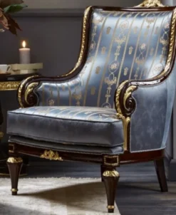 Casa Padrino Luxus Barock Sessel Blau / Dunkelbraun / Gold - Prunkvoller Wohnzimmer Sessel - Barockstil Wohnzimmer Möbel - Luxus Möbel im Barockstil - Barock Einrichtung - Edel & Prunkvoll
