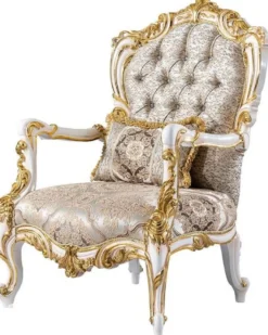 Casa Padrino Luxus Barock Sessel Silber / Beige / Schwarz / Weiß / Gold - Prunkvoller Wohnzimmer Sessel mit Glitzersteinen - Barockstil Wohnzimmer Möbel - Luxus Möbel im Barockstil