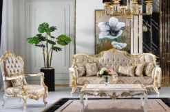 Casa Padrino Luxus Barock Sessel Silber / Beige / Schwarz / Weiß / Gold - Prunkvoller Wohnzimmer Sessel mit Glitzersteinen - Barockstil Wohnzimmer Möbel - Luxus Möbel im Barockstil