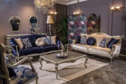 Casa Padrino Luxus Barock Sessel Blau / Silber 75 x 70 x H. 117 cm - Wohnzimmer Sessel mit elegantem Muster und dekorativem Kissen - Barock Möbel