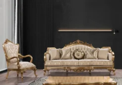 Casa Padrino Luxus Barock Sessel Gold Muster / Antik Gold - Prunkvoller Wohnzimmer Sessel mit elegantem Muster - Luxus Wohnzimmer Möbel im Barockstil - Barock Möbel - Barock Einrichtung
