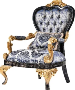 Casa Padrino Luxus Barock Sessel Blau / Schwarz / Gold - Prunkvoller Wohnzimmer Sessel - Barockstil Wohnzimmer Möbel - Luxus Möbel im Barockstil - Barock Einrichtung - Wohnzimmer Einrichtung