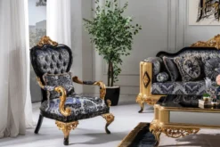 Casa Padrino Luxus Barock Sessel Blau / Schwarz / Gold - Prunkvoller Wohnzimmer Sessel - Barockstil Wohnzimmer Möbel - Luxus Möbel im Barockstil - Barock Einrichtung - Wohnzimmer Einrichtung