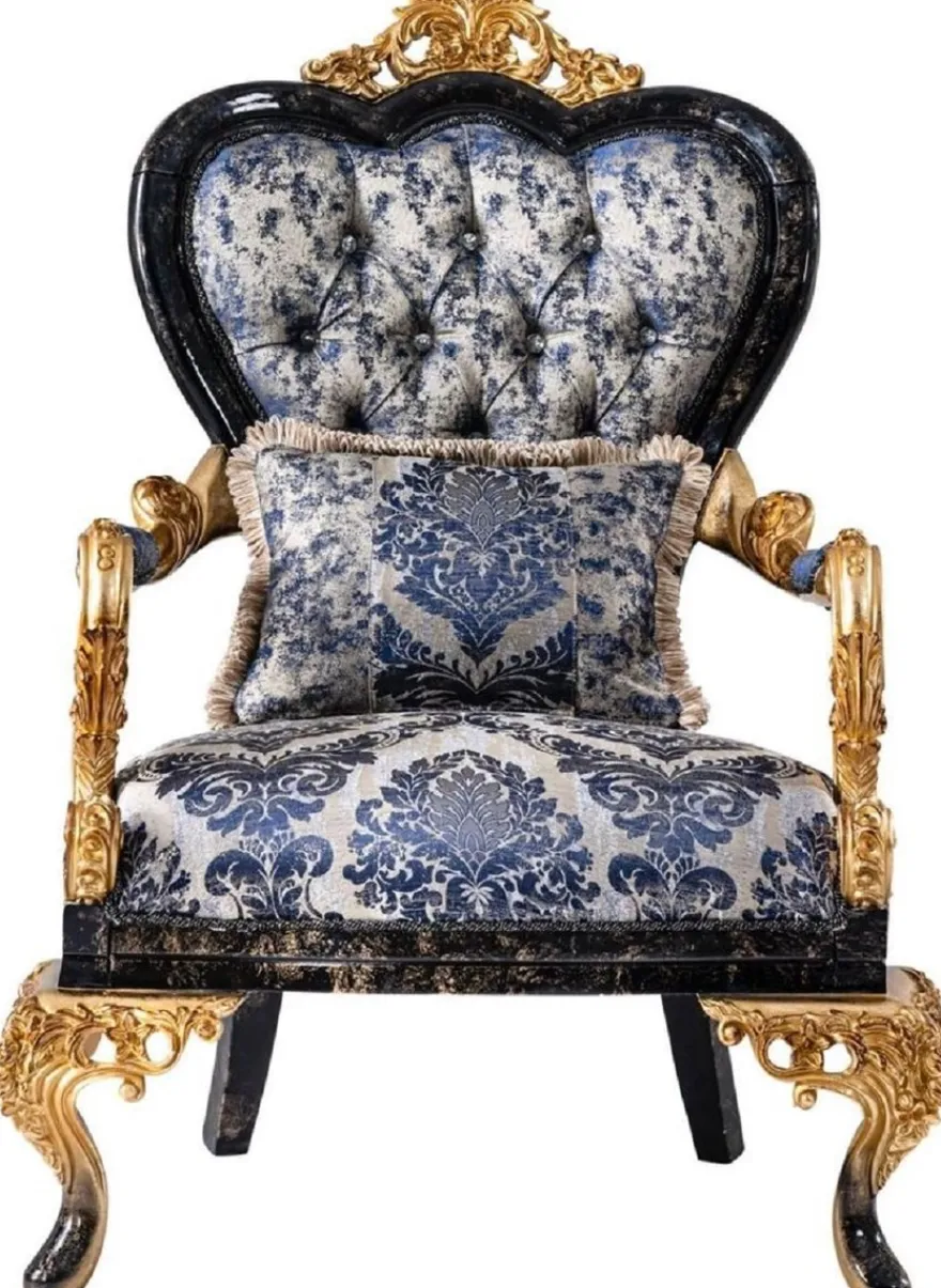Casa Padrino Luxus Barock Sessel Blau / Schwarz / Gold - Prunkvoller Wohnzimmer Sessel - Barockstil Wohnzimmer Möbel - Luxus Möbel im Barockstil - Barock Einrichtung - Wohnzimmer Einrichtung