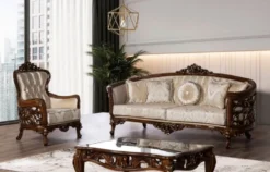 Casa Padrino Luxus Barock Sessel Beige / Braun / Gold - Prunkvoller Wohnzimmer Sessel mit elegantem Muster - Barock Wohnzimmer Möbel