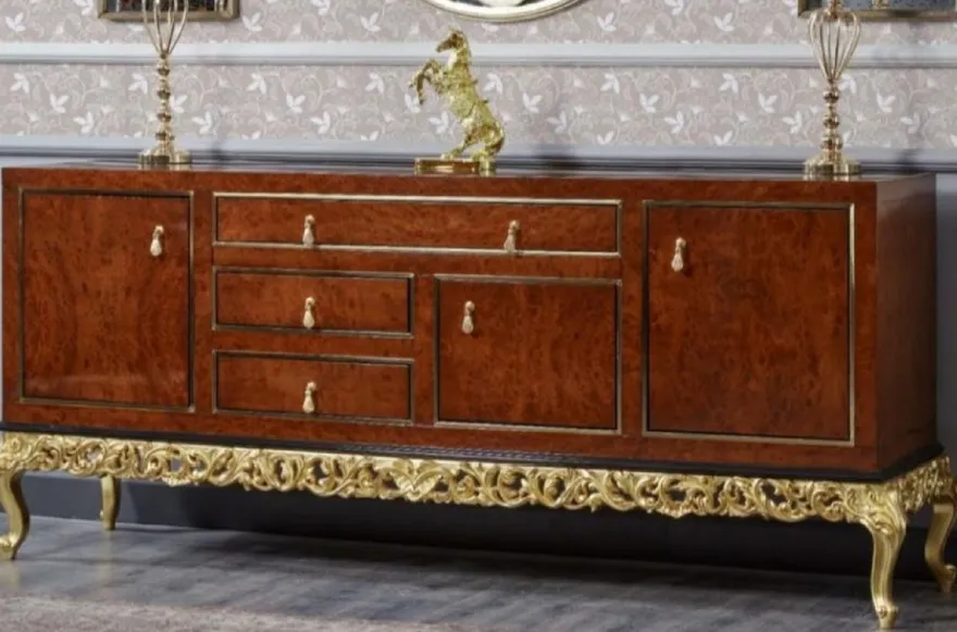 Casa Padrino Luxus Barock Sideboard Braun / Schwarz / Gold - Prunkvoller Massivholz Schrank mit 3 Türen und 3 Schubladen - Luxus Möbel im Barockstil - Barock Möbel - Edel & Prunkvoll